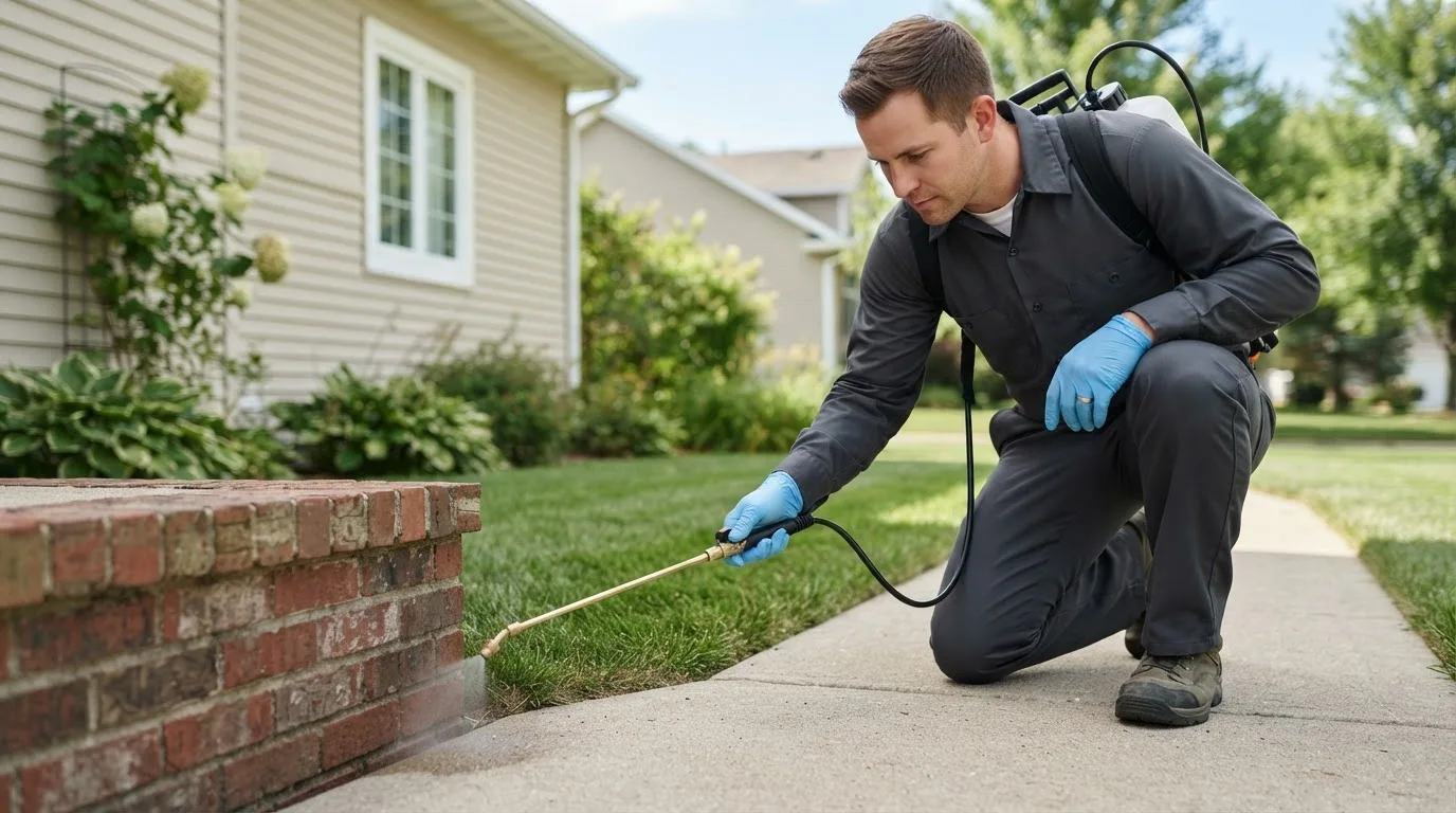 Pest control technician treating a home near Peach Bottom, PA